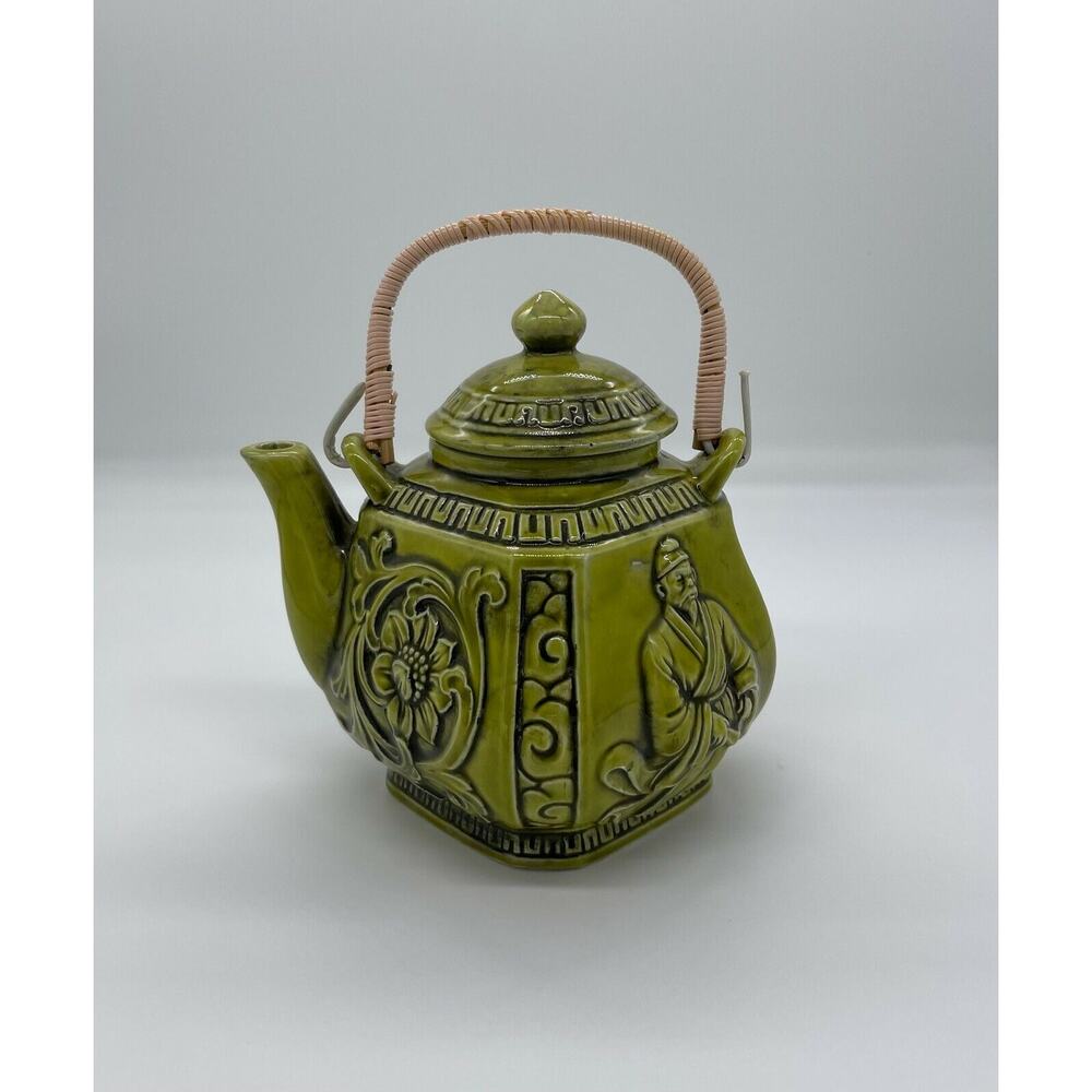 Green Embossed Tea Pot Dynasty Royal Sealy Kaycoware Square with Wrapped Handle